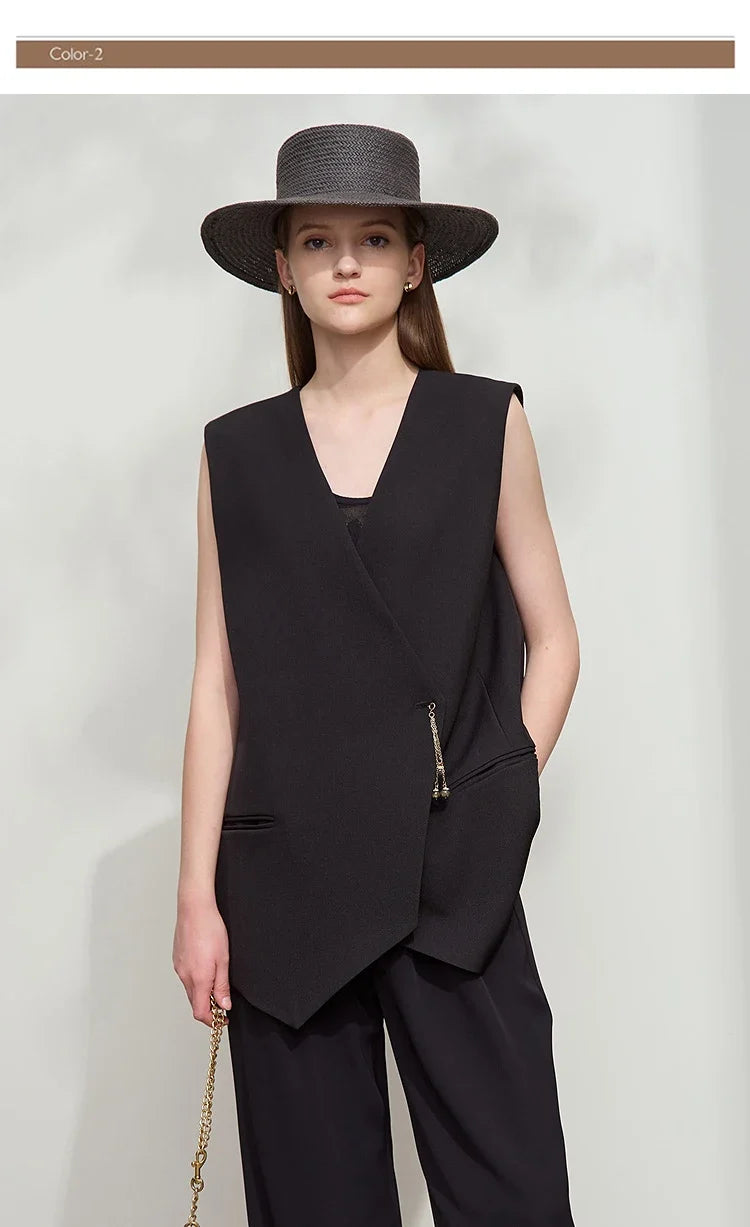 Minimalism England Style Vest Women 2025 Autumn New Gentle Commuter Versatile Sleeveless Loose Mid-Length Vest 12521012