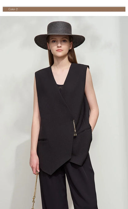 Minimalism England Style Vest Women 2025 Autumn New Gentle Commuter Versatile Sleeveless Loose Mid-Length Vest 12521012