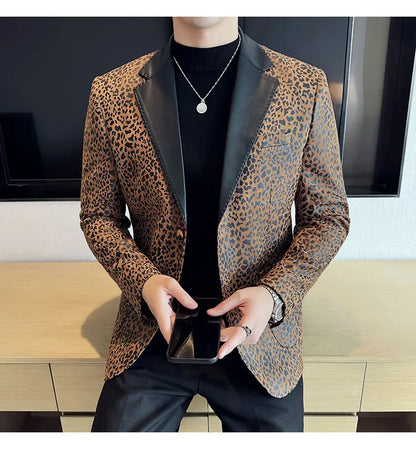 Splicing Leather Neck Casual Suit Jacket Fashion Leopard Men's Business Slim Fit Social Formal Blazers Wedding Groom Tuxedos