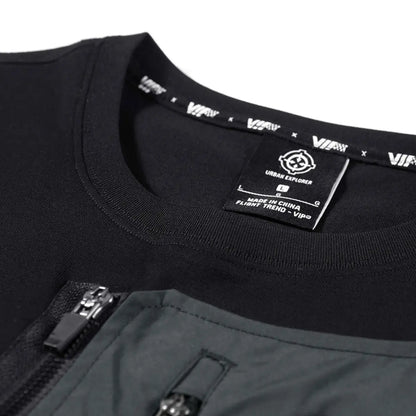 Fashion Men Black Techwear 100% Cotton Patch Stich Short Sleeve T-Shirts Summer Mens Oversized Locomotive Style Tooling T Shirt