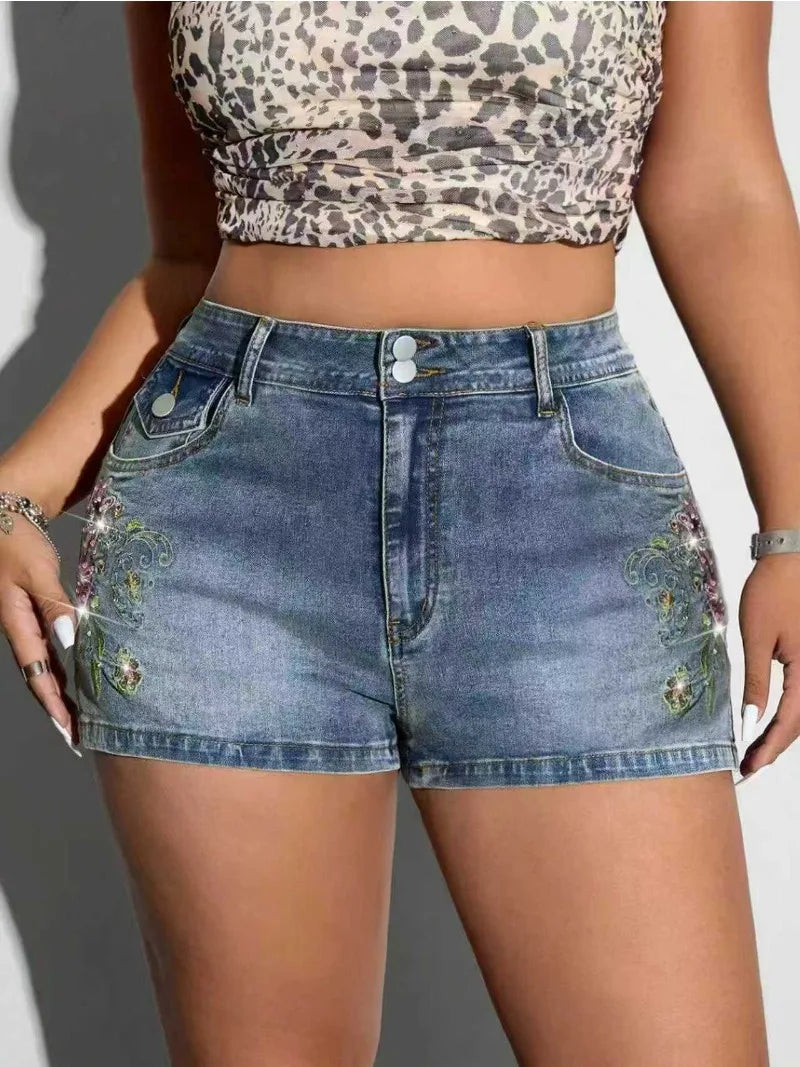 Casual Daily Plus Size Blue Embroidered Denim Shorts 2026 Summer Y2K American Streetwear Thin Korean Split Hem Womens Shorts