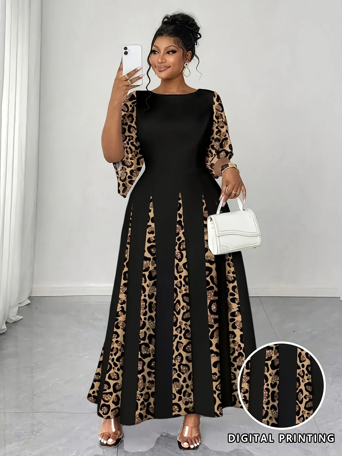 Elegant Leopard Print Maxi Dress, Plus Size Fashionable Long Sleeve Gown, Comfortable & Stylish Women's Clothing