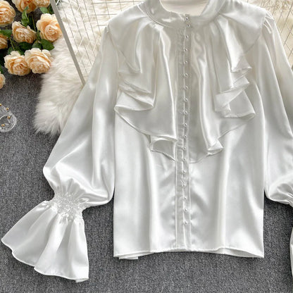 High Quality Satin Loose Shirt Long Flared Sleeves Ruffles O Neck Beading  Women Gentle Office Lady Casual Blouse
