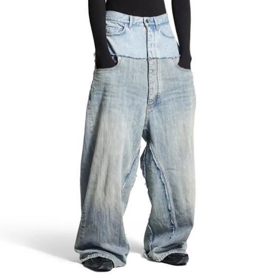 Double-layer Double Waist Patchwork Baggy Jeans for Men and Women Straight Casual Loose Denim Trousers Oversized