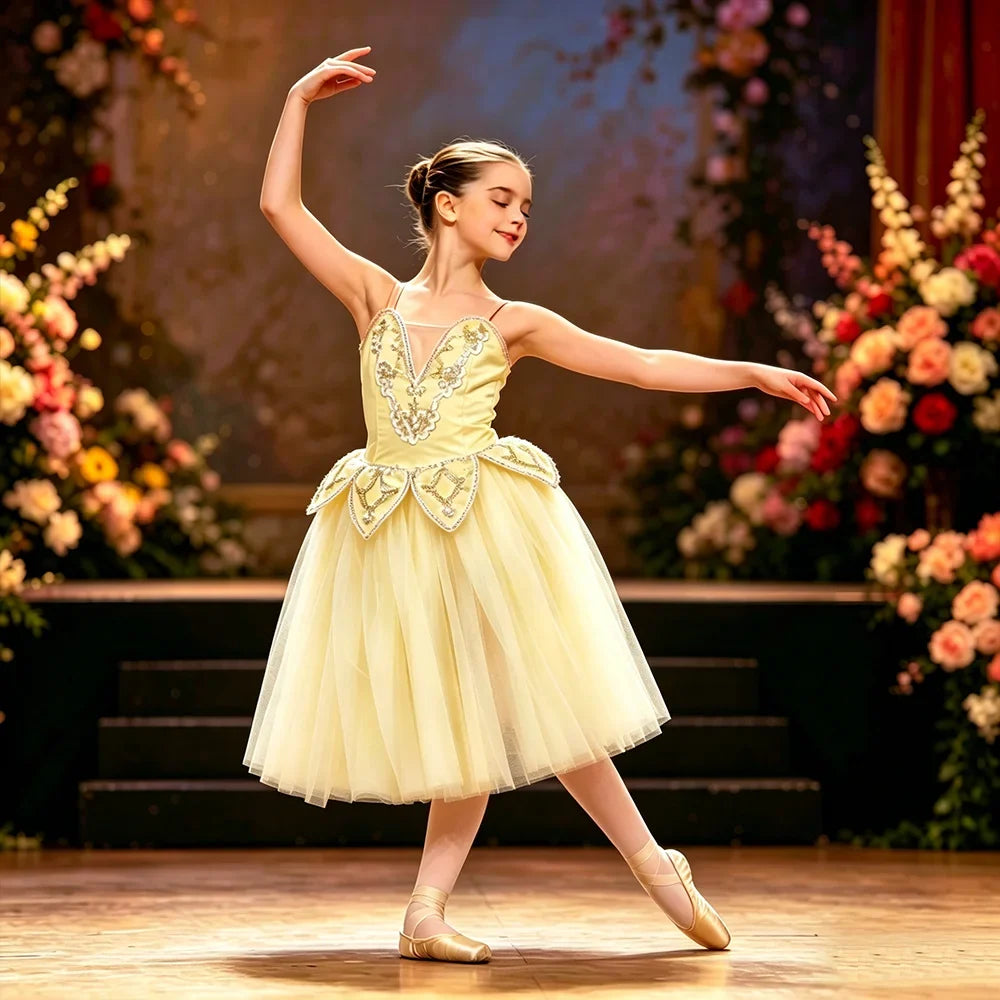 Girls' Ballet Dress Elegant Tulle Performance Leotard with Puffy Skirt for Dance Competitions & Recitals Contemporary Outfit