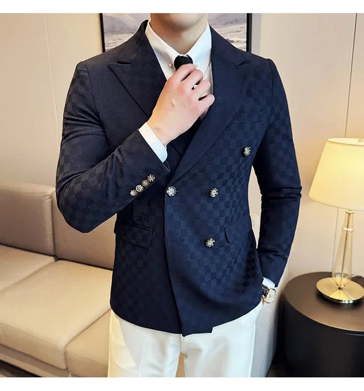 6 Color Luxury Double Breasted Blazers Coats 2024 New Fashion Checkered Business Slim Fit Social   Formal Suit Jacket 5XL-M