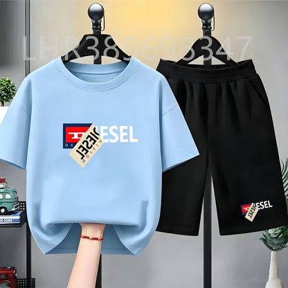 Summer Cool Child Clothes Black Boys Girls Pink Age 3-12 Tee+shorts Suit Children Short Sleeve Brand T-shirts Casual Fashion