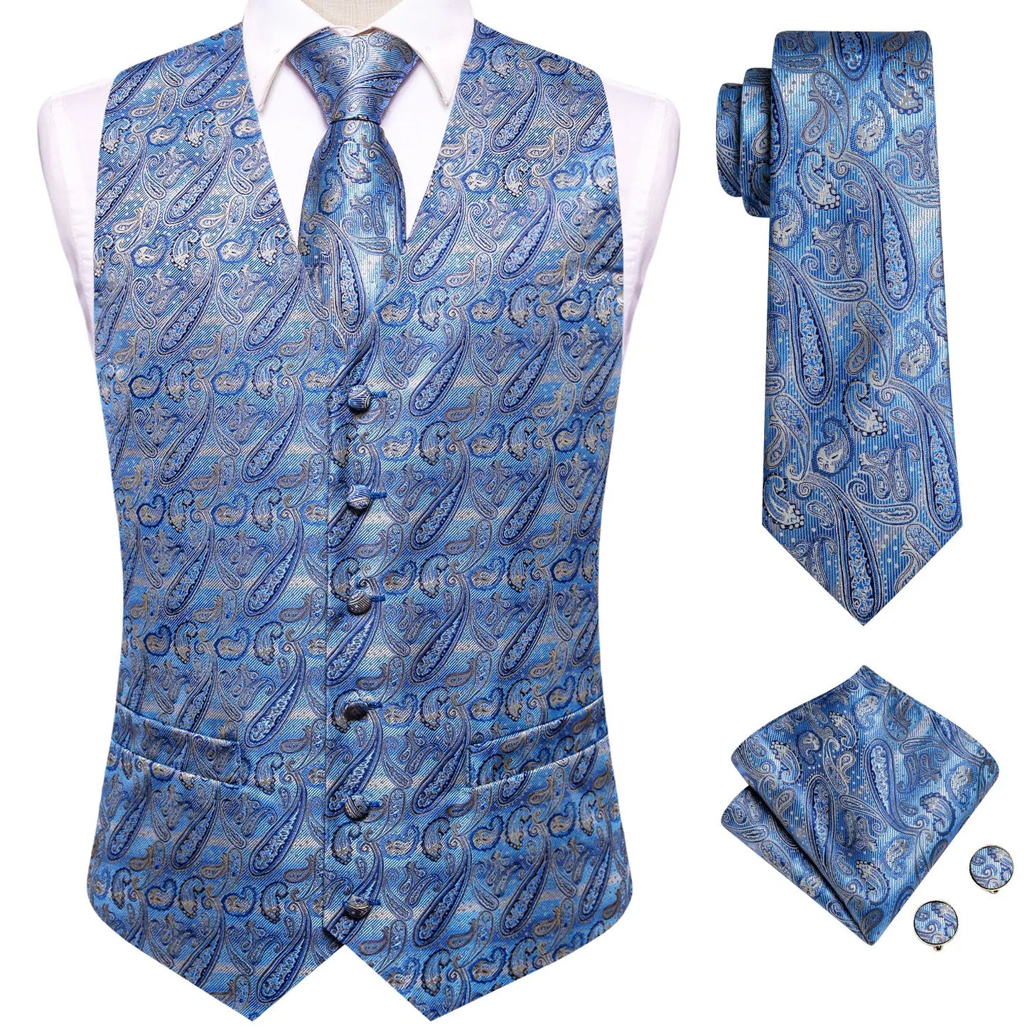 Navy Blue Mens Vest Formal Paisley Waistcoat Jacket Tie Handkerchief Cufflinks Set For Male Dress Suit Wedding Party
