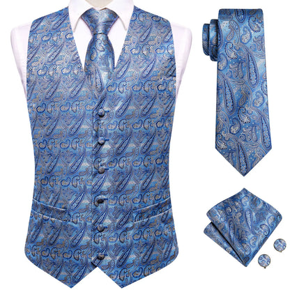 Navy Blue Mens Vest Formal Paisley Waistcoat Jacket Tie Handkerchief Cufflinks Set For Male Dress Suit Wedding Party
