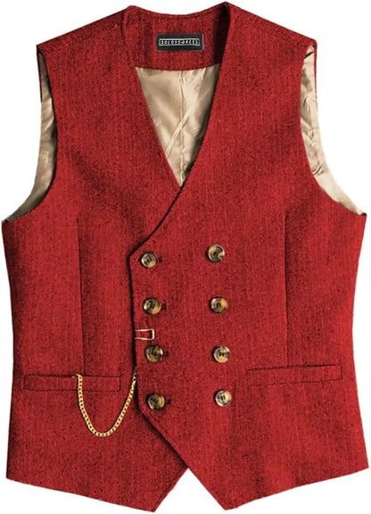 Men Retro British Tweed Double Breasted Suit Vest Plus Size V Neck Herringbone Formal Waistcoat Fashion Outer Vest with Pocket