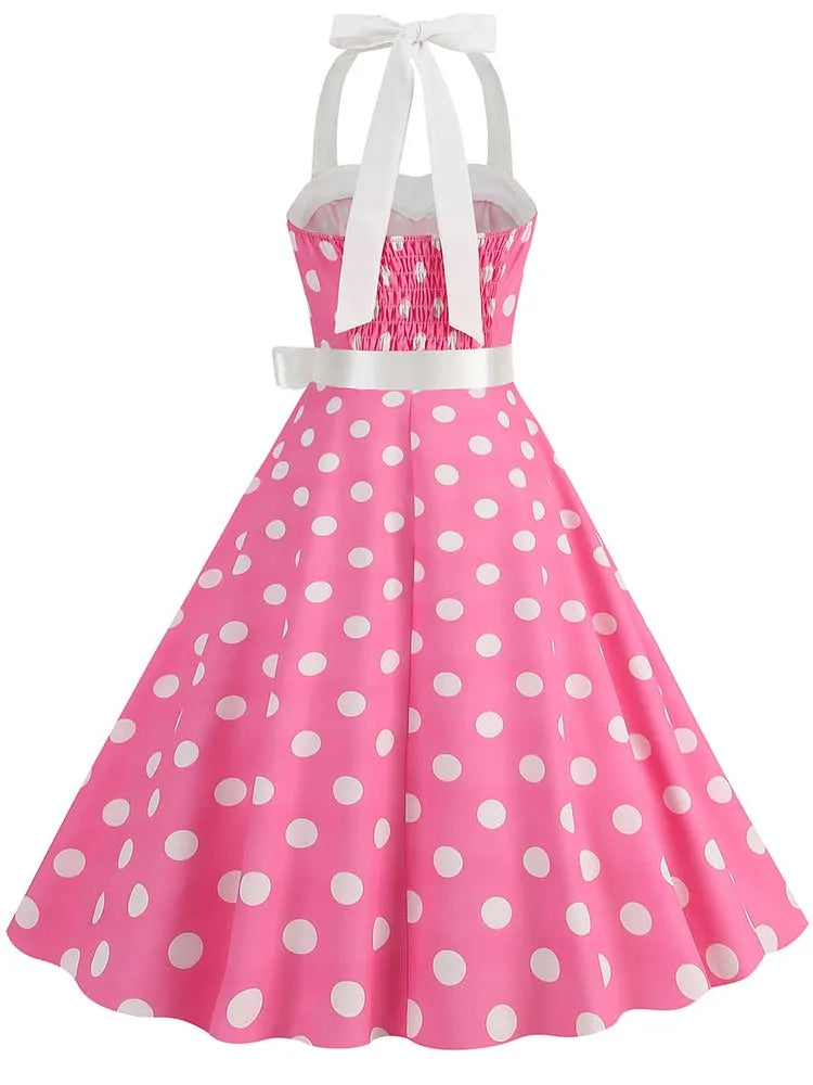 Women Summer Party Dress With Belt Polka Dot Print Halter Hepburn Robe 50s 60s Vintage Dresses
