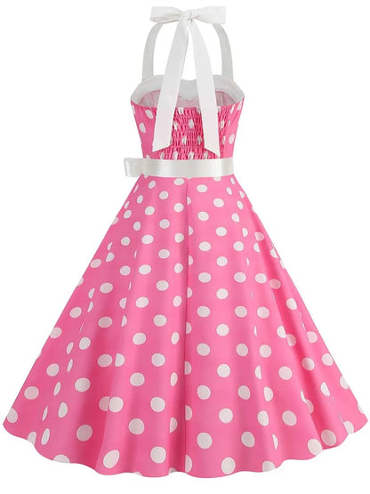 Women Summer Party Dress With Belt Polka Dot Print Halter Hepburn Robe 50s 60s Vintage Dresses