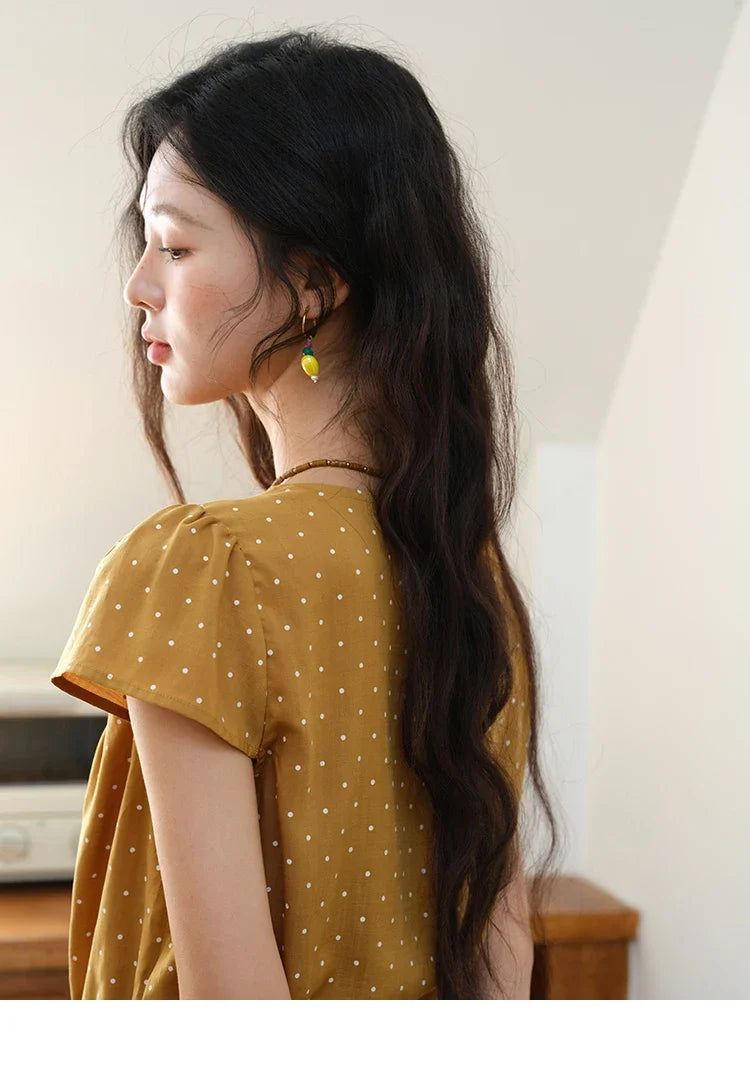 Women's V-neck Lace Splicing Blouse 2025 Summer New Ladies Fashion Polka Dot Hollow Ruffle Button Female Top MXE38X1847