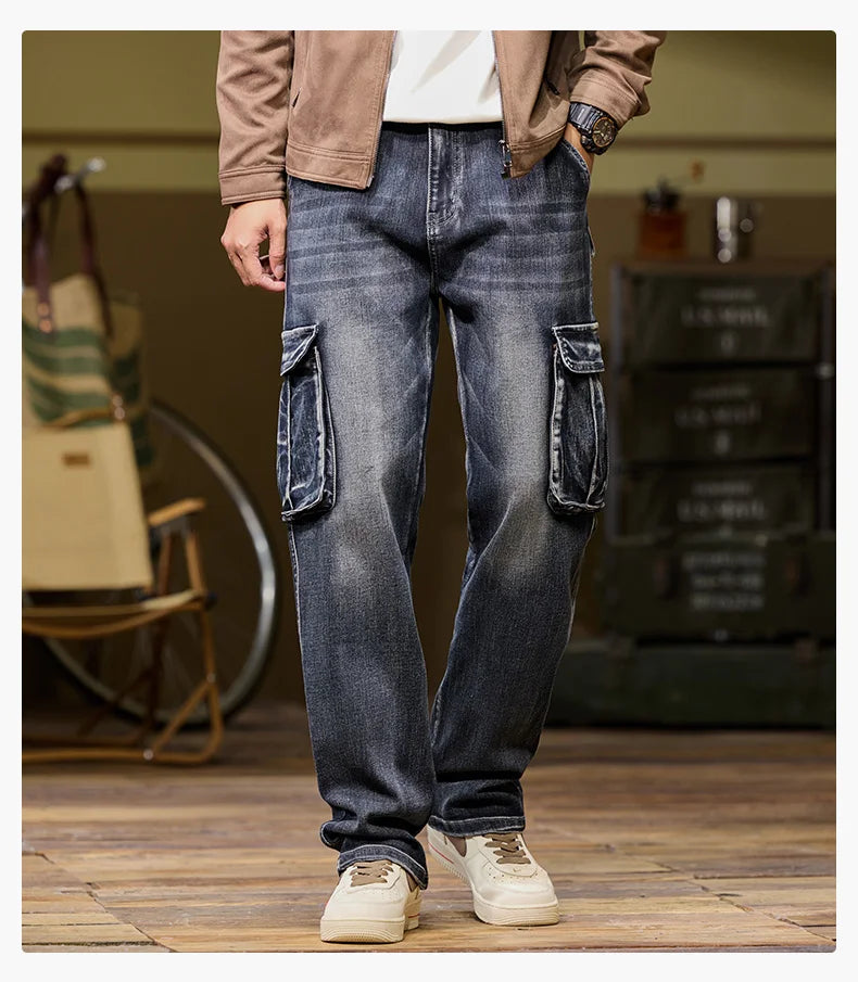 Autumn and winter new styles Men's outdoor multi-pocket cargo jeans Straight loose casual stretch fashion jeans for men
