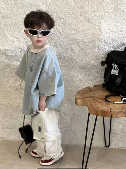 Spring Summer Children's Korean Denim Hole Short Sleeved Top and Beige Knitted Loose Casual Sports Pants Two-piece Set Outfits