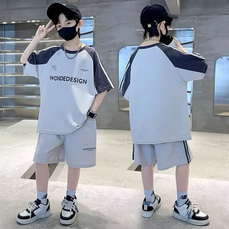 Summer Boys Cotton Loose Contrast Alphabet T-Shirt Tops+Shorts Pant School Kids Tracksuit Child 2PCS Outfit Workout Set 5-16 Yr