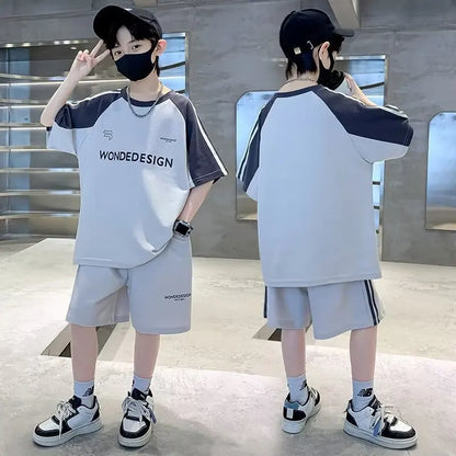 Summer Boys Cotton Loose Contrast Alphabet T-Shirt Tops+Shorts Pant School Kids Tracksuit Child 2PCS Outfit Workout Set 5-16 Yr
