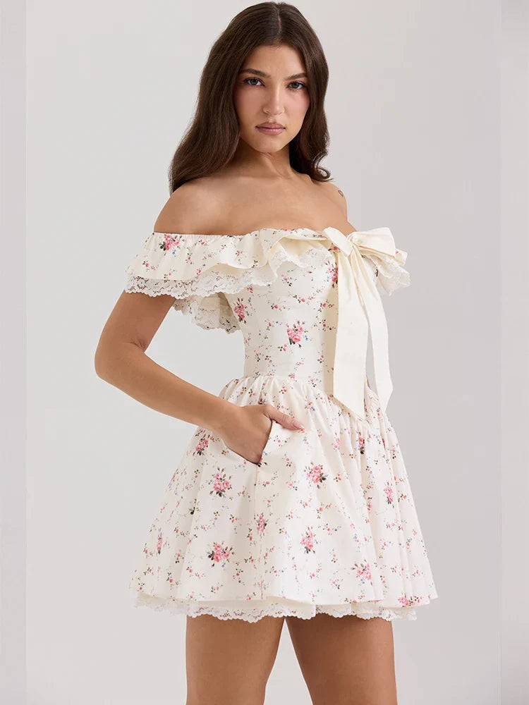 Summer Fashion Off The Shoulder Dress Elegant Printed Holiday Party Dress Casual A-line Dress 2025 Women's Clothing