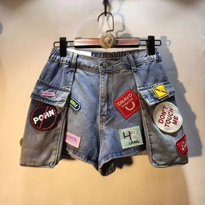 2026 Summer New Embroidery Letter High Waist Cargo Pocket Denim Shorts Women