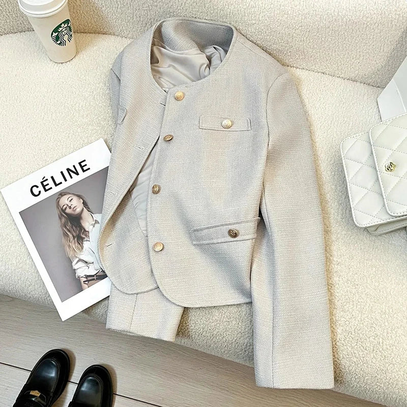 Elegant Office Lady Blazers Women Long Sleeve Button Spring Autumn Suit Coats Vintage Loose Casual Small Fragrance Crop Jacket
