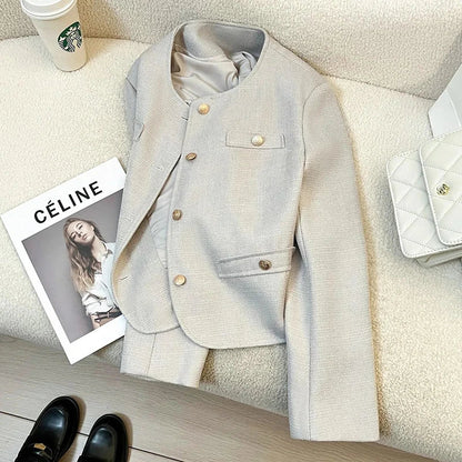Elegant Office Lady Blazers Women Long Sleeve Button Spring Autumn Suit Coats Vintage Loose Casual Small Fragrance Crop Jacket