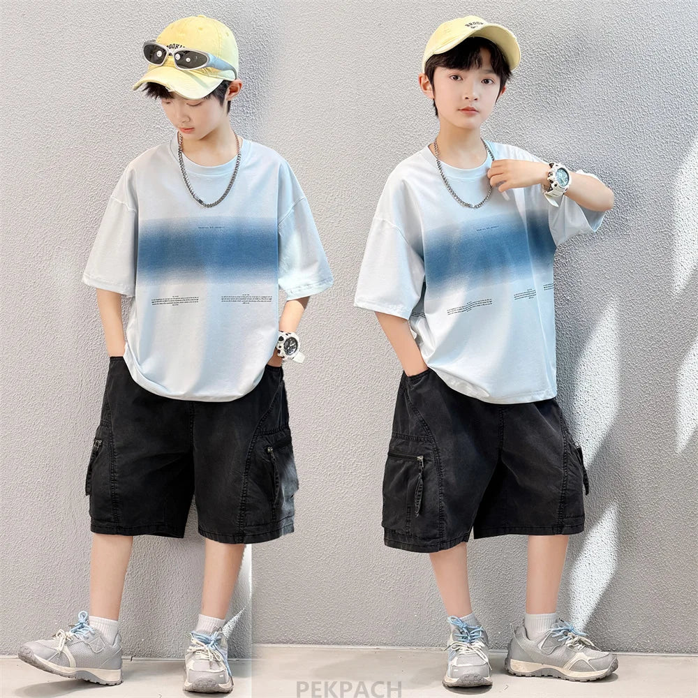Luxury Children's Summer Clothing Top and Bottom Set For Boys 2PCS Cotton Outerwear Suit Kids School Clothes Tracksuit Age 5-14Y