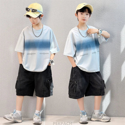 Luxury Children's Summer Clothing Top and Bottom Set For Boys 2PCS Cotton Outerwear Suit Kids School Clothes Tracksuit Age 5-14Y