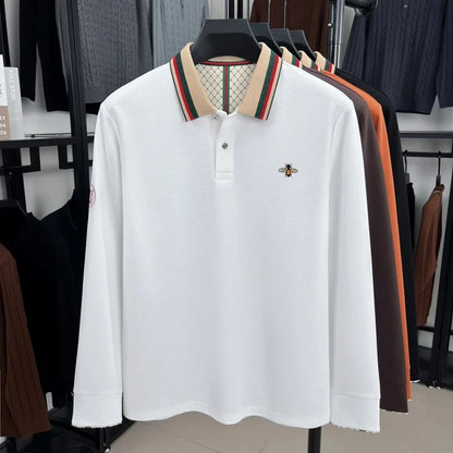 High end men's long sleeved polo shirt autumn fashion brand bee embroidery new business and casual color blocked lapel T-shirt