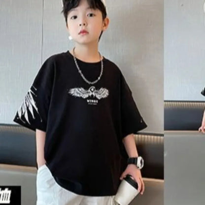 2026 Summer Kids Wing T-Shirt Cotton Loose Stylish Boy's Shirt Big Kids Summerwear