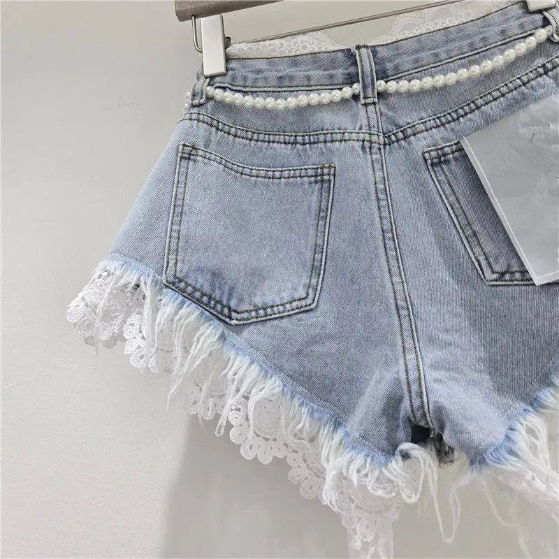 American Crochet Lace Denim Shorts With Pearl Sashes Summer Casual Fashion Women's Sweet Lace Patchwork Fringed Hot Jeans