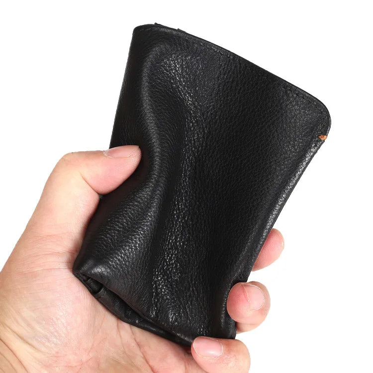Portefeuille en cuir de vachette couche supérieure Portefeuille en cuir véritable souple Porte-cartes de crédit pour hommes Sac à main de luxe Noir Élégant Simple Portefeuilles pour hommes