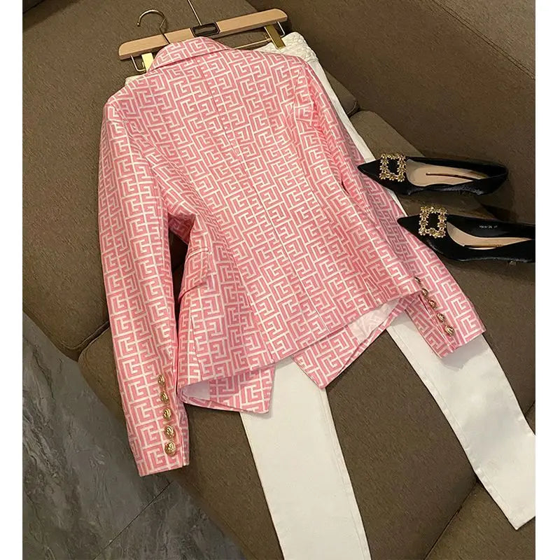 Spring High-end Fashion Women's Elegant Mid To Long Suit Jacket with Collar Print Design and Double Breasted Versatile Jacket