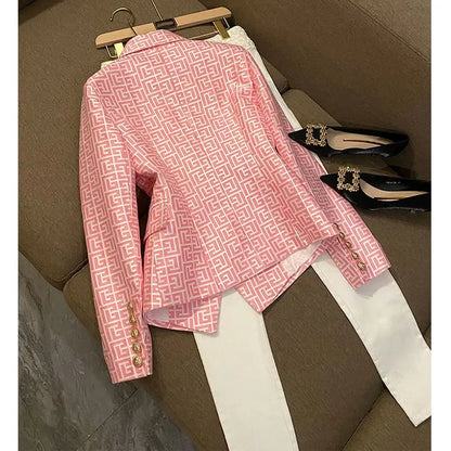 Spring High-end Fashion Women's Elegant Mid To Long Suit Jacket with Collar Print Design and Double Breasted Versatile Jacket