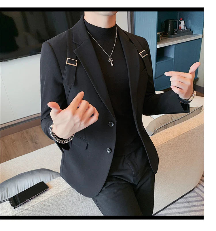 2024 Autumn Winter New Strap Decoration Suit Jacket for Men Fashion Slim Casual Business Blazers Groom Wedding Social Tailcoat
