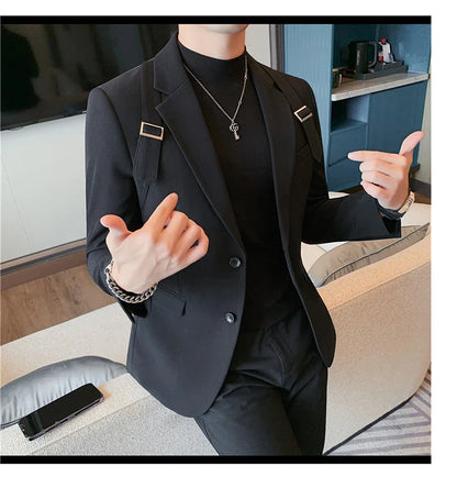 2024 Autumn Winter New Strap Decoration Suit Jacket for Men Fashion Slim Casual Business Blazers Groom Wedding Social Tailcoat