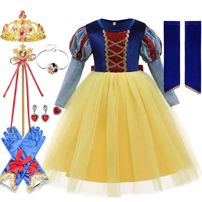 Halloween New Movie Snow White Princess Dress Girl Cosplay Yellow Snow White Party Yellow Stripe Dress Accessories Suit