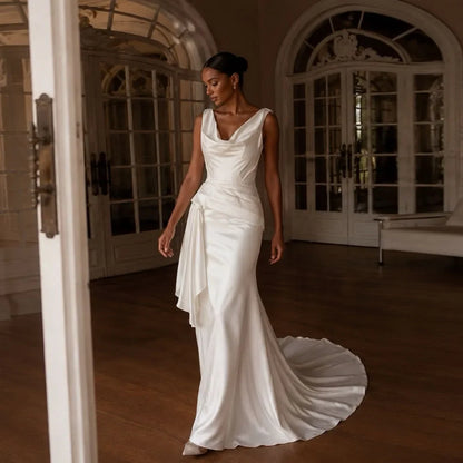 Simple Satin Wedding Dress 2026 Cowl Neck Mermaid Bridal Gown With Draped Sash Low Back Civil Wedding Reception Dress For Women