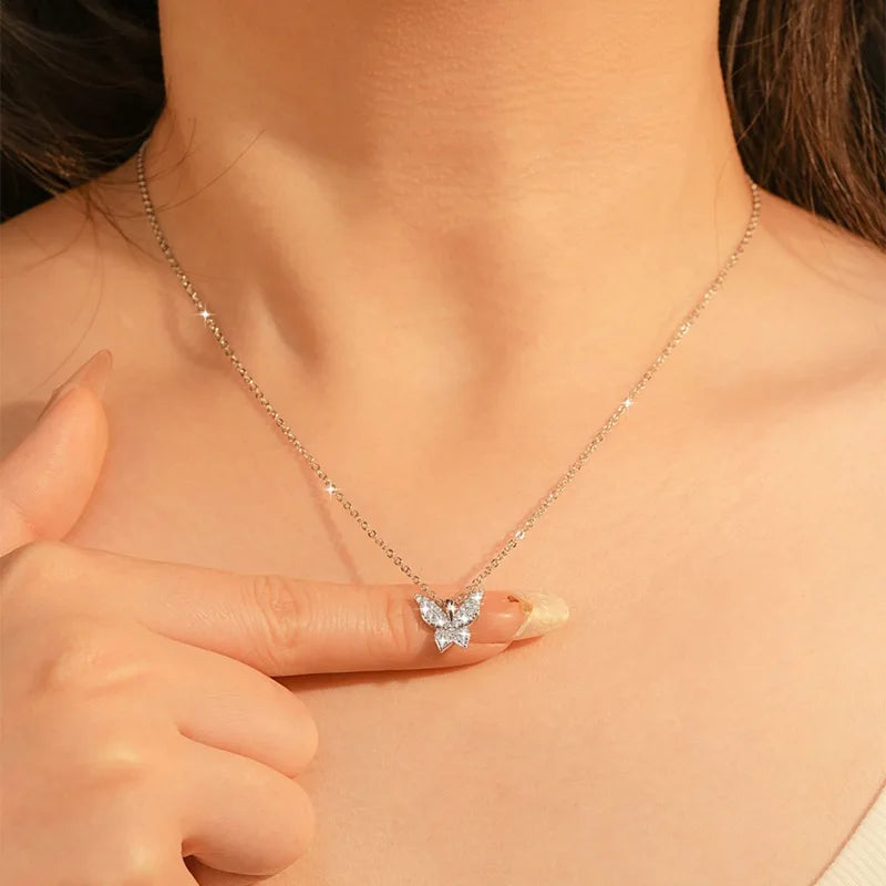 Sparkling 1.5mm Moissanite Necklace 14K Gold Butterfly Pendant Necklaces for Women Valentine's Day Jewelry Gift