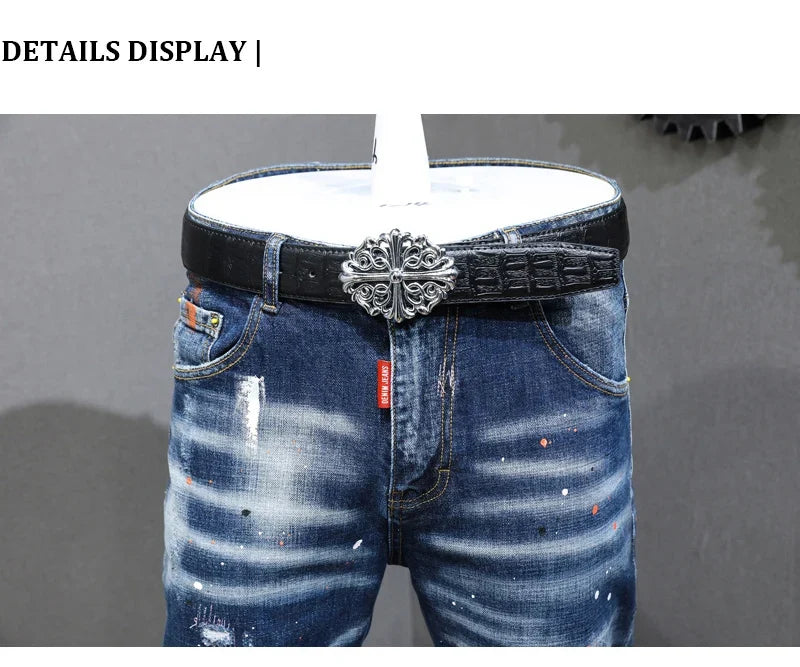 Fashion Designer Men Jeans Retro Blue Stretch Slim Fit Painted Ripped Jeans Men Korean Style Vintage Casual Denim Pants Hombre