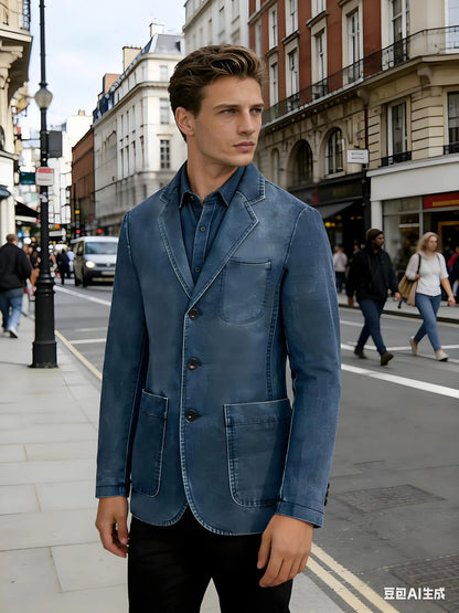 Men‘s Casual Denim Blazer Notch Lapel Jean Jacket Lightweight Stretch Suit Sport Coat with Pockets