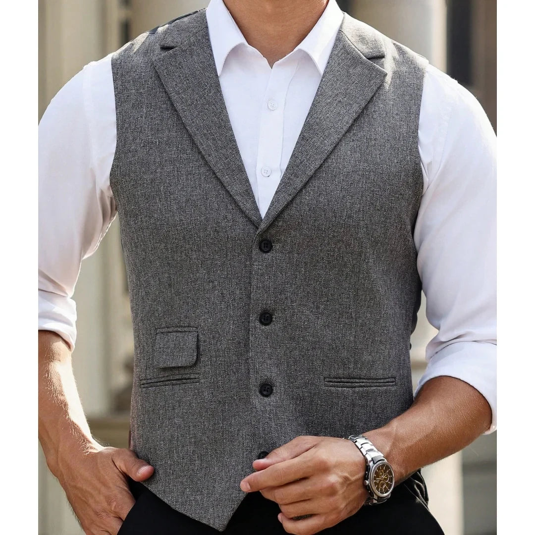 Men Vest Gray Herringbone Single Button With Lapel Waistcoat For Wedding Banquet Business Office Work Daily Casual Men Suit Vest