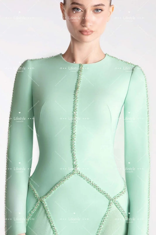 Customized Mint Round Neck Prom Dresses 2025 Long Sleeves Beads Luxury Evening Dress Long Wedding Formal Party Gown