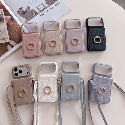 Crossbody Lanyard with Ring Card Holder Make up Mirror Wallet Phone Case for IPhone 17 Air 16E 15 14 Plus 13 12 11 Pro Max Cover