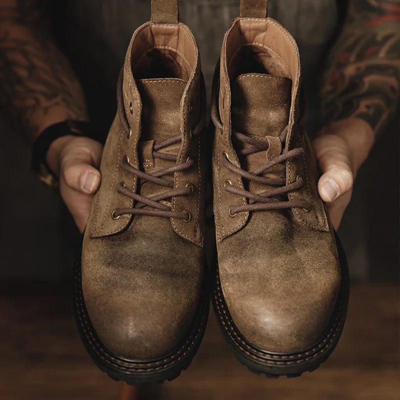 Men Vintage Split Suede Fleece-lined Boots Brown High-Top Work Boots Lace-Up Desert Ankle Rugged Sole Boots Outdoor Shoes
