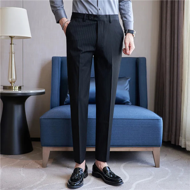 New Korean Style Fashion Striped Embroidery Suit Pants Men's Business Slim Casual Straight Pants Formal Wedding Party Trousers