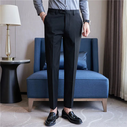 New Korean Style Fashion Striped Embroidery Suit Pants Men's Business Slim Casual Straight Pants Formal Wedding Party Trousers