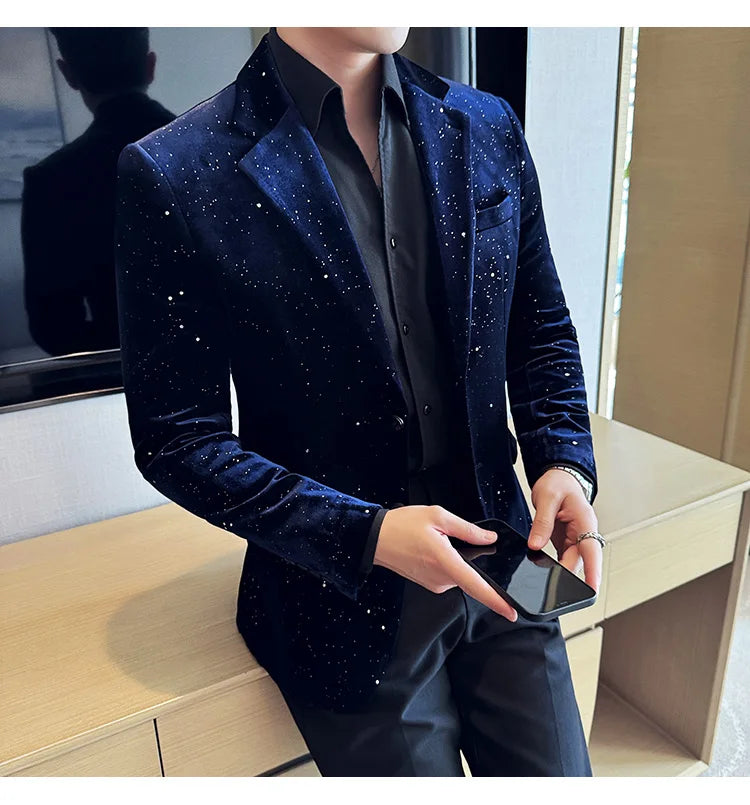 High Quality Velvet Bronzing Suit Coats Mens Sparkle Elegant Slim Business Suits Jacket Homme Formal Social Prom Party Tuxedos