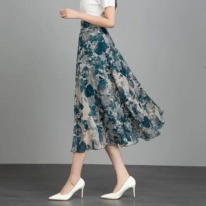 Women's Floral Print Chiffon Maxi Skirt High Waist A-line Casual Summer Skirt