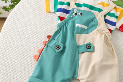 Summer Kids Boys Clothing Toddler Fashion Rainbow Clothes T Shirt Cartoon Dinosaur Bib Pants 2Pcs/Set Children Costume Suit