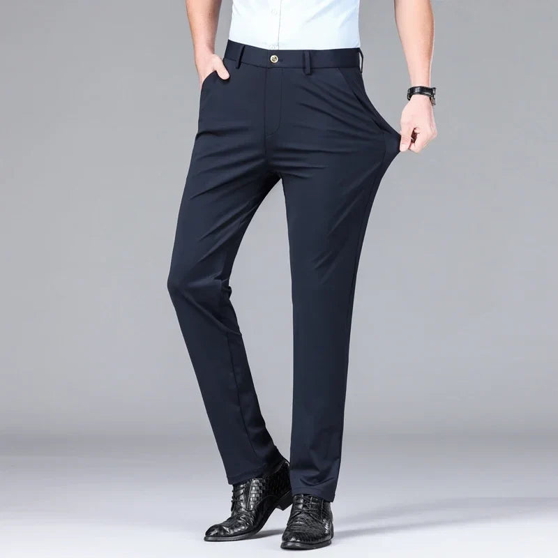 New Summer Men's Ice Silk High Stretch Business Suit Pants Male Army Green Blue Elastic Formal Office Straight Formal Trousers